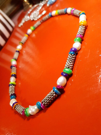Vintage 1980s Freshwater Pearl Boho Necklace 18.5" Multi Coloured Bead Bohemian