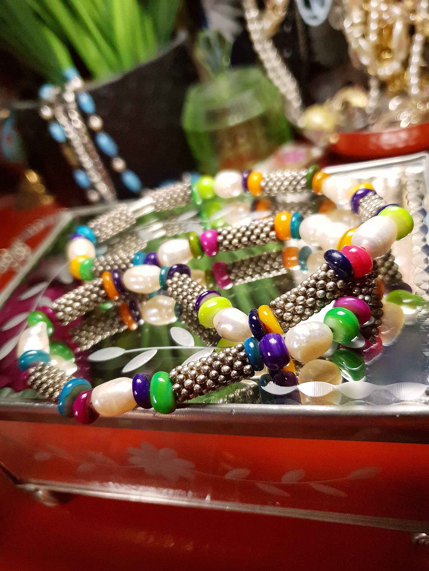 Vintage 1980s Freshwater Pearl Boho Necklace 18.5" Multi Coloured Bead Bohemian