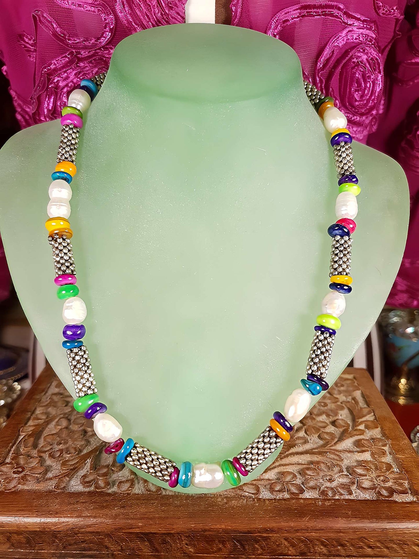 Vintage 1980s Freshwater Pearl Boho Necklace 18.5" Multi Coloured Bead Bohemian