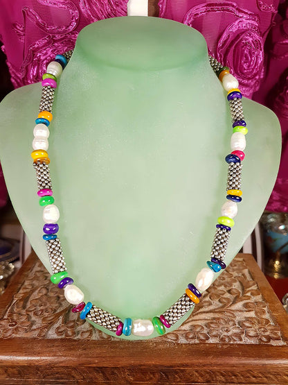 Vintage 1980s Freshwater Pearl Boho Necklace 18.5" Multi Coloured Bead Bohemian
