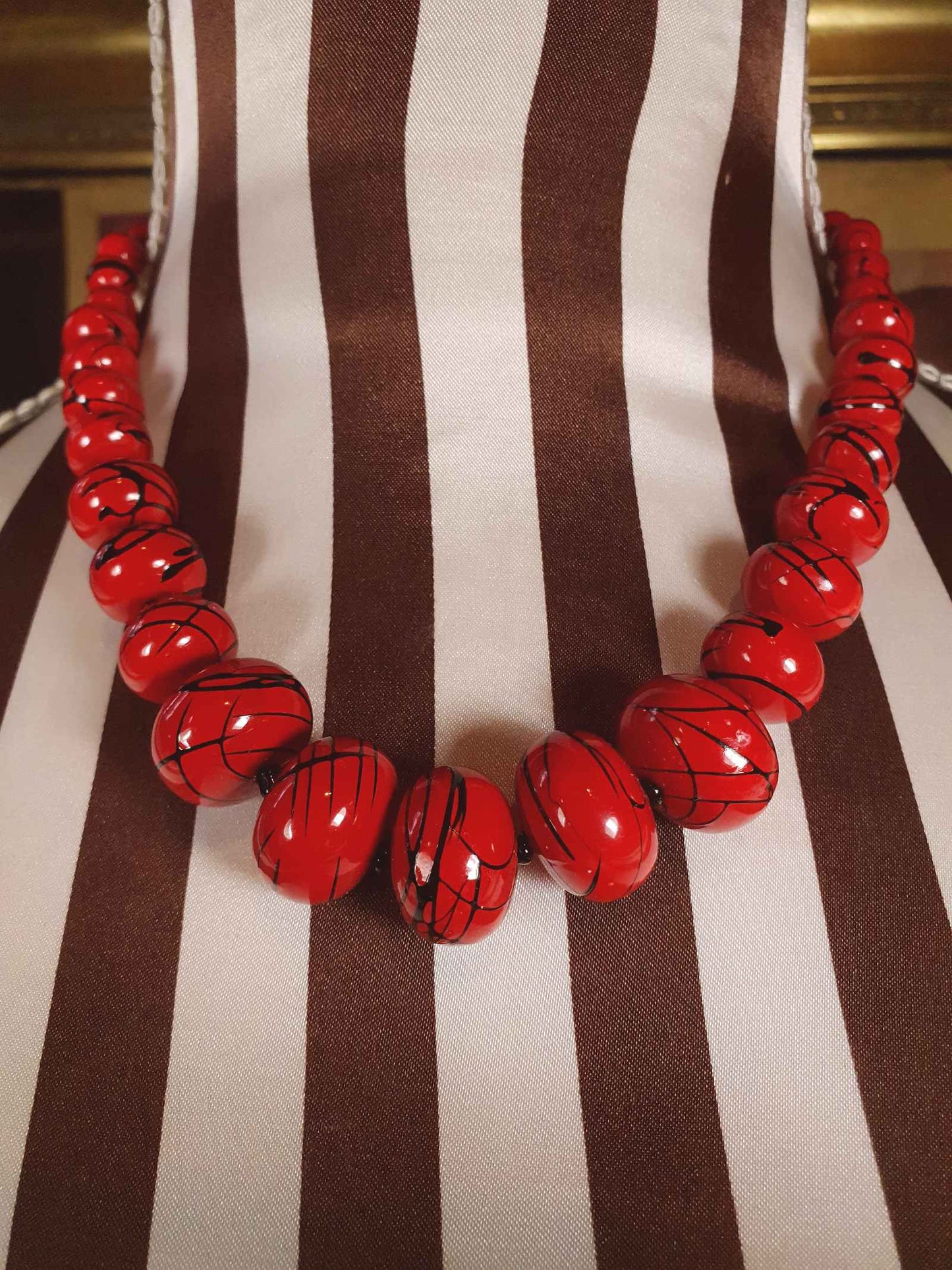 Vintage 1980s Red Bead Necklace 17" Hand Painted Abstract