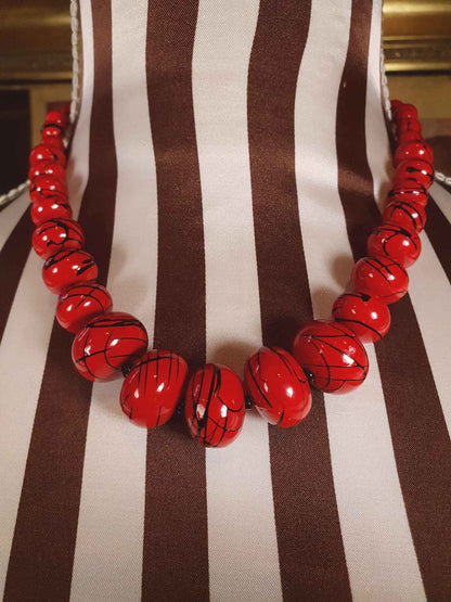 Vintage 1980s Red Bead Necklace 17" Hand Painted Abstract