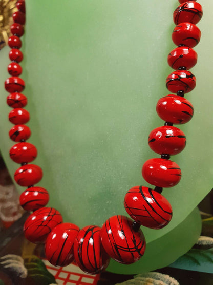 Vintage 1980s Red Bead Necklace 17" Hand Painted Abstract