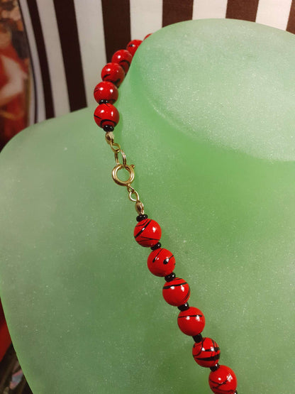 Vintage 1980s Red Bead Necklace 17" Hand Painted Abstract