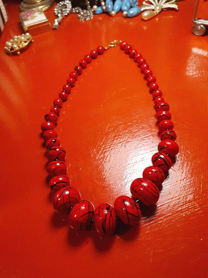 Vintage 1980s Red Bead Necklace 17" Hand Painted Abstract
