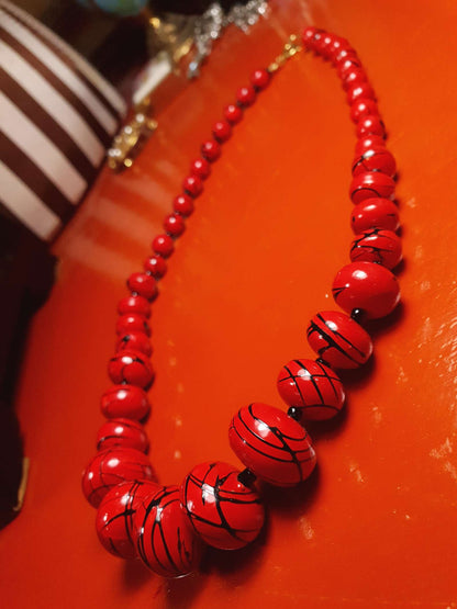 Vintage 1980s Red Bead Necklace 17" Hand Painted Abstract