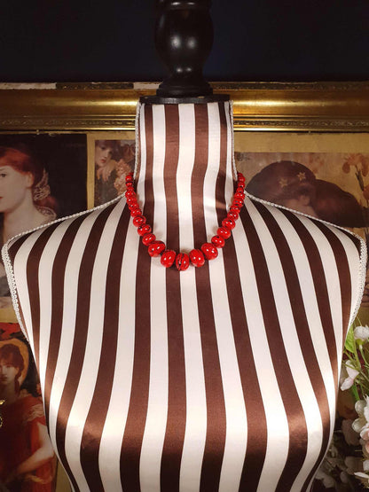 Vintage 1980s Red Bead Necklace 17" Hand Painted Abstract