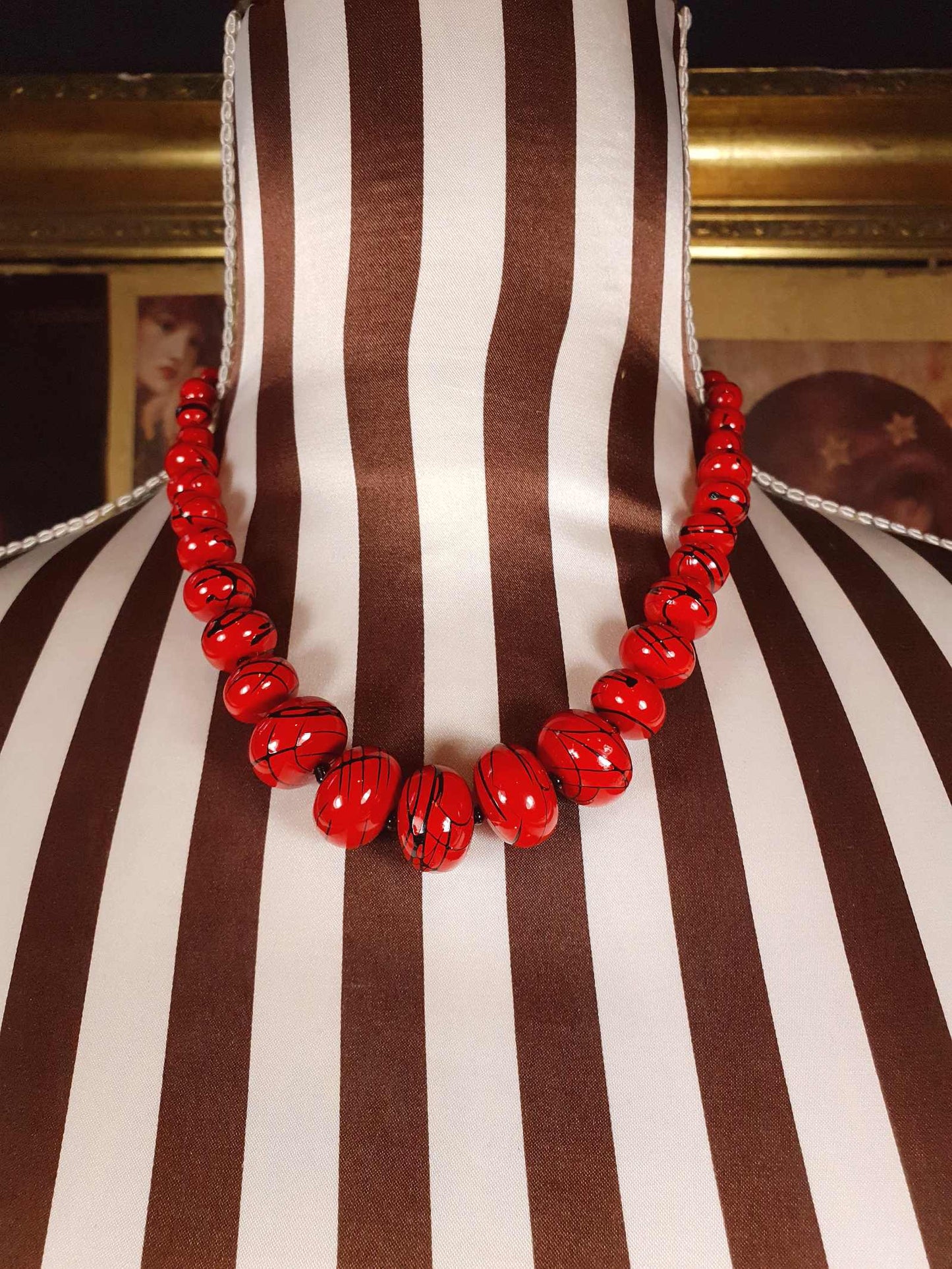 Vintage 1980s Red Bead Necklace 17" Hand Painted Abstract