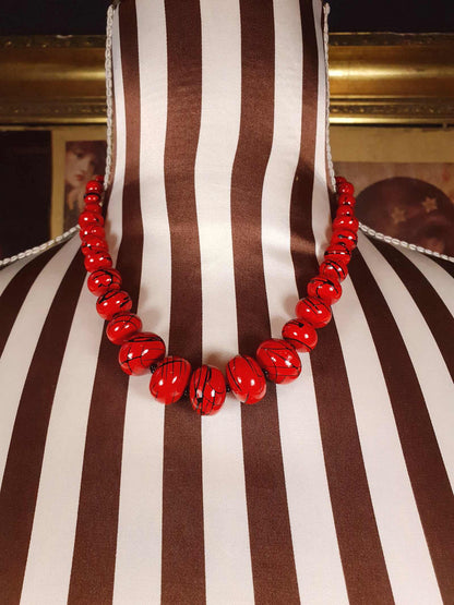 Vintage 1980s Red Bead Necklace 17" Hand Painted Abstract