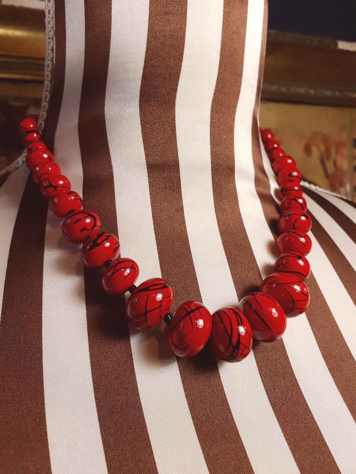 Vintage 1980s Red Bead Necklace 17" Hand Painted Abstract