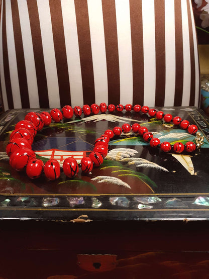 Vintage 1980s Red Bead Necklace 17" Hand Painted Abstract