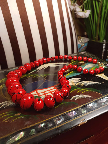 Vintage 1980s Red Bead Necklace 17" Hand Painted Abstract