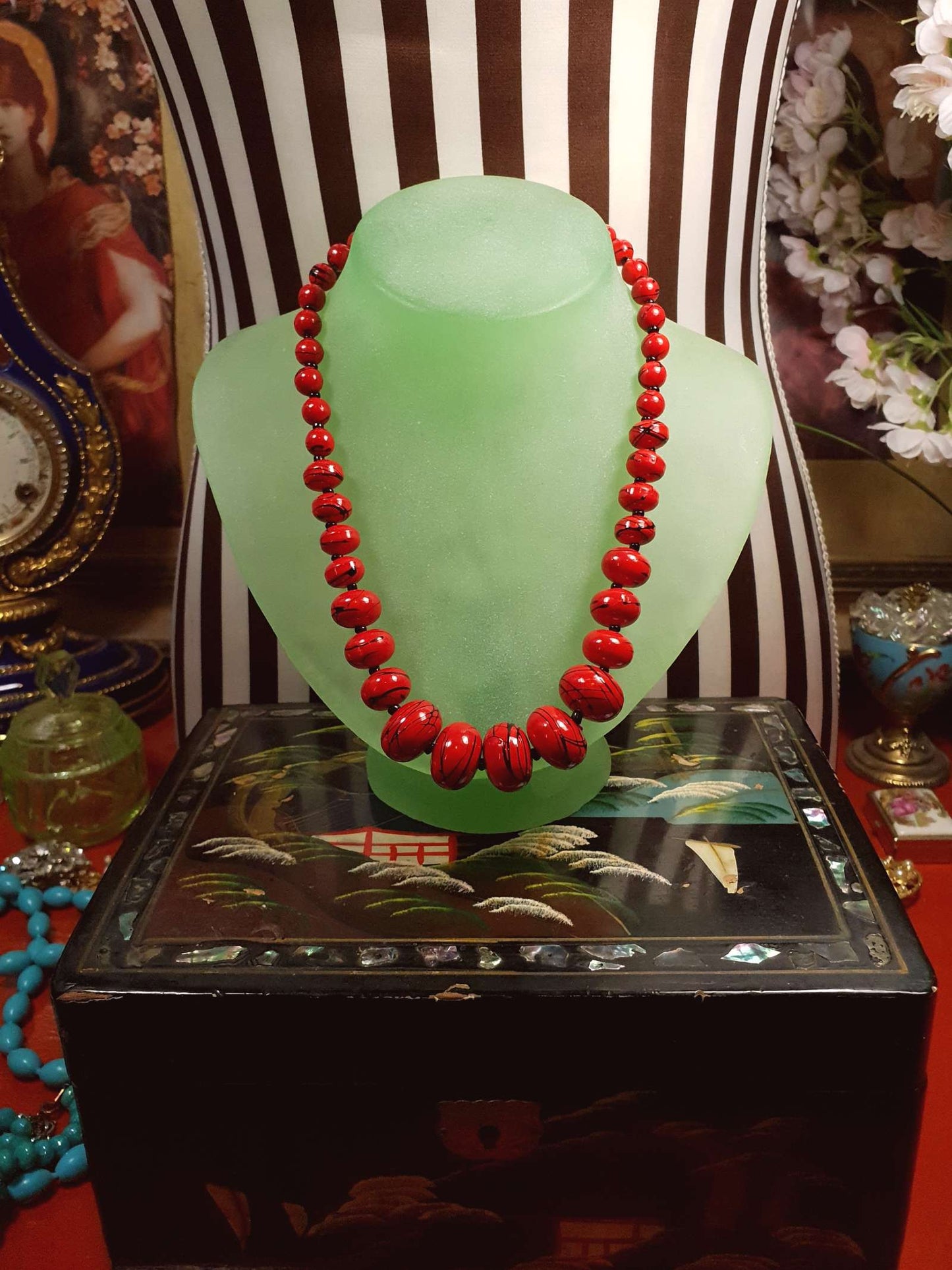 Vintage 1980s Red Bead Necklace 17" Hand Painted Abstract