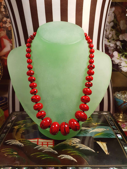 Vintage 1980s Red Bead Necklace 17" Hand Painted Abstract