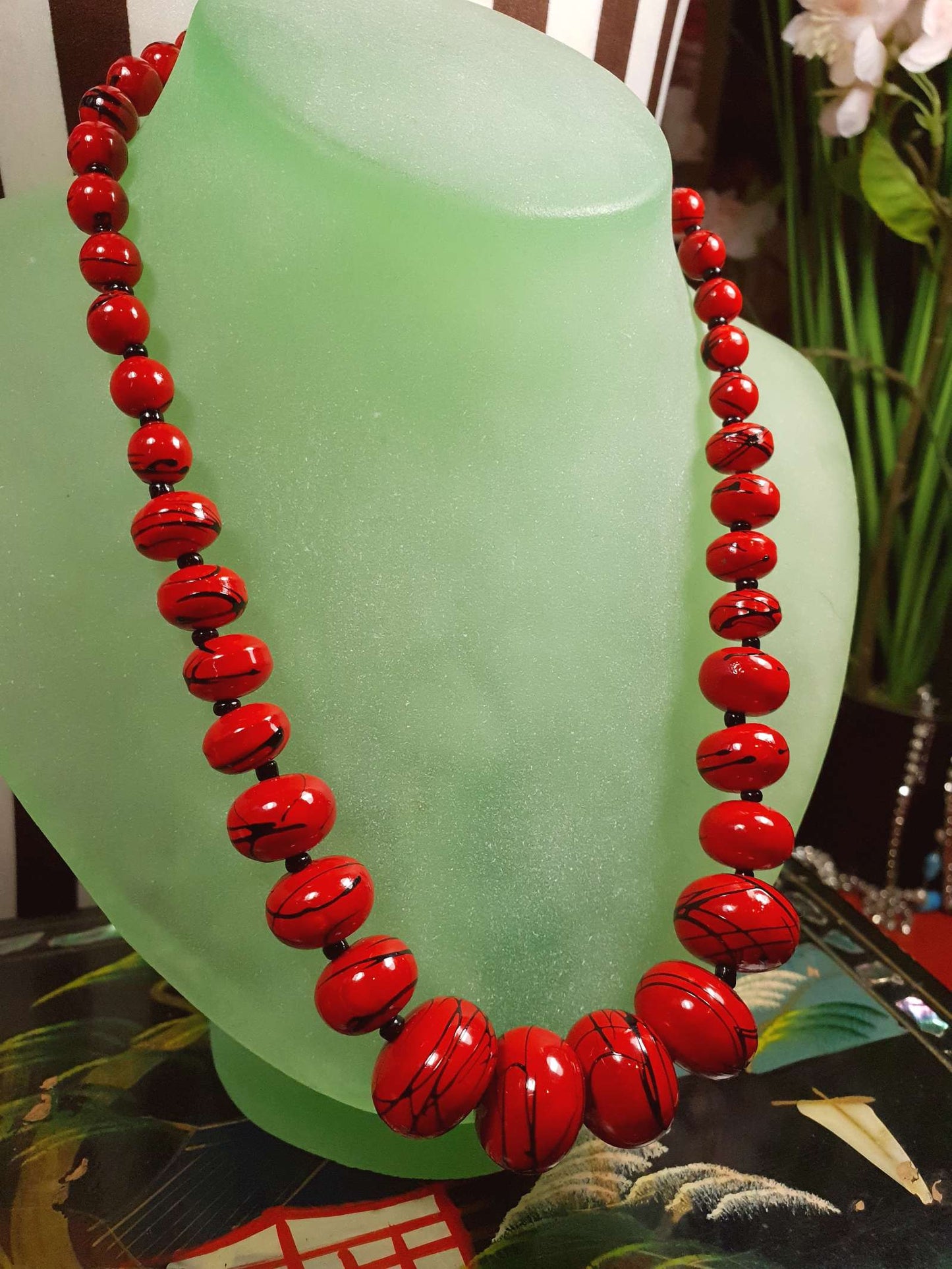 Vintage 1980s Red Bead Necklace 17" Hand Painted Abstract