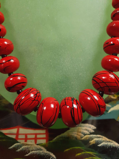 Vintage 1980s Red Bead Necklace 17" Hand Painted Abstract