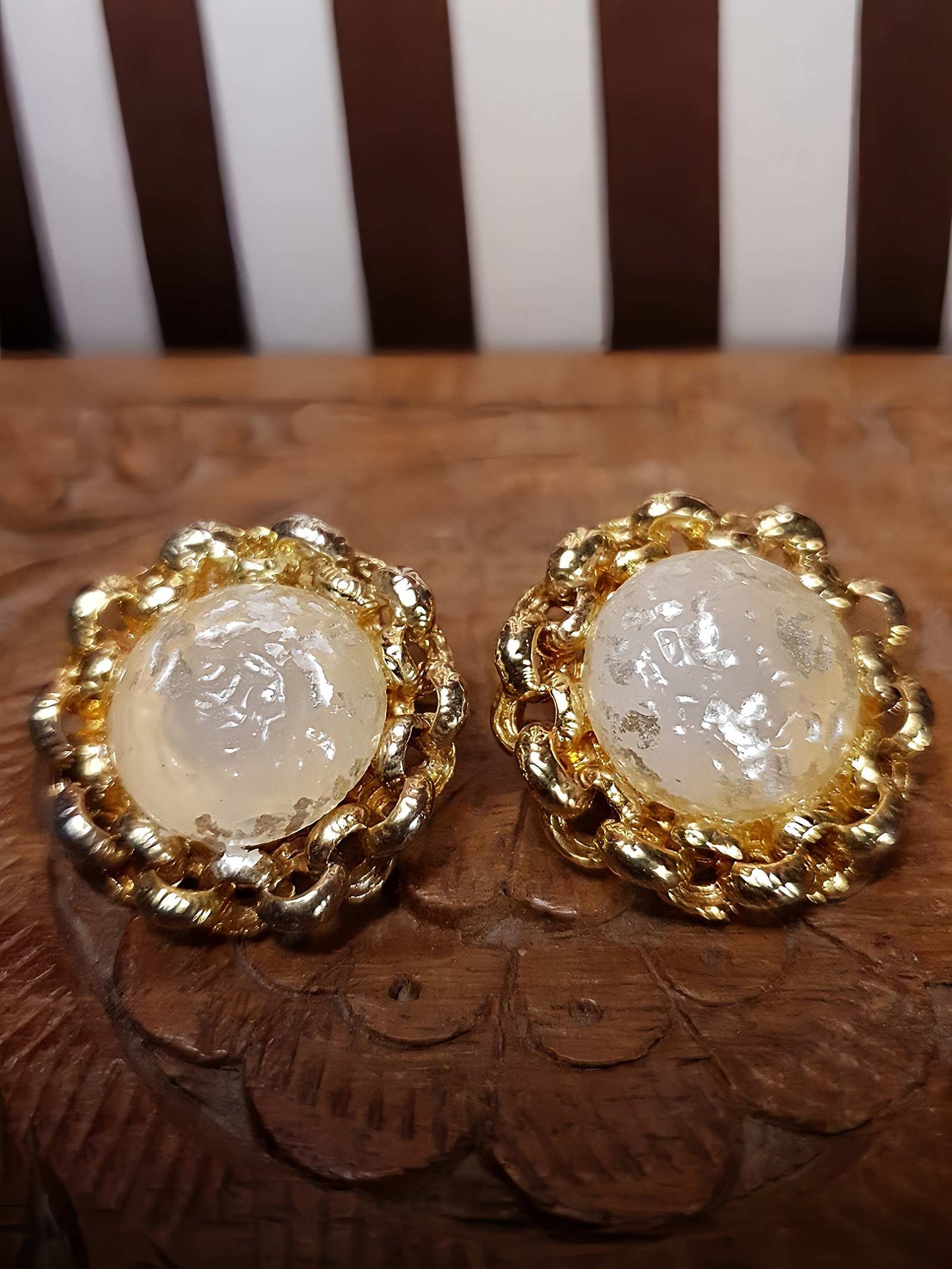 Vintage 1980s Round Clip On Earrings Sparkle Glass Gold Tone Cabochon Retro