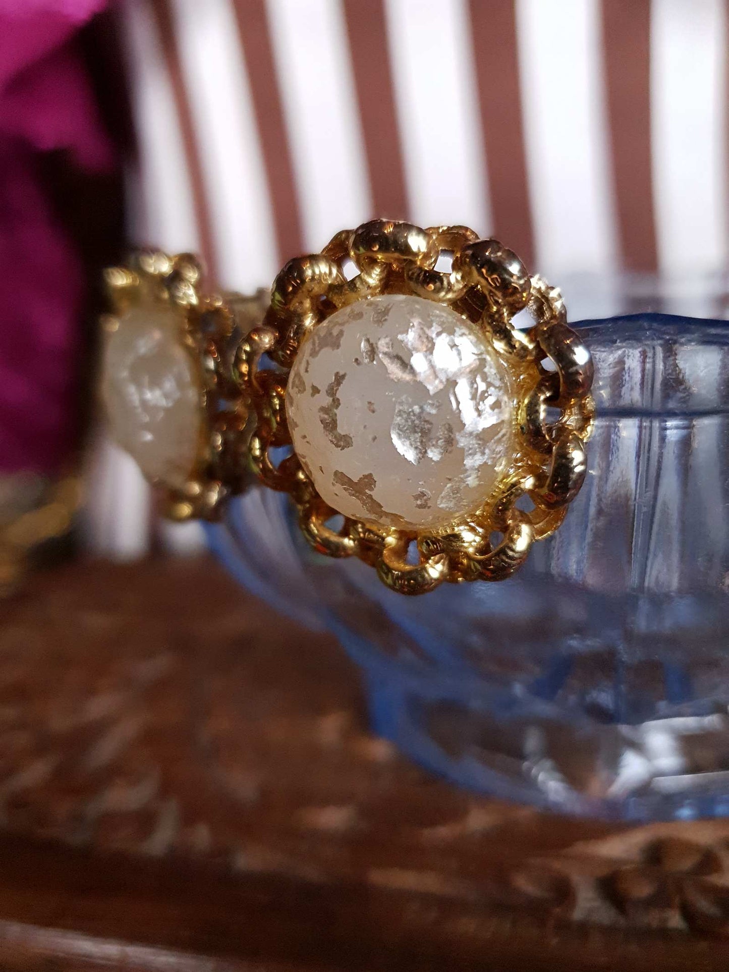 Vintage 1980s Round Clip On Earrings Sparkle Glass Gold Tone Cabochon Retro