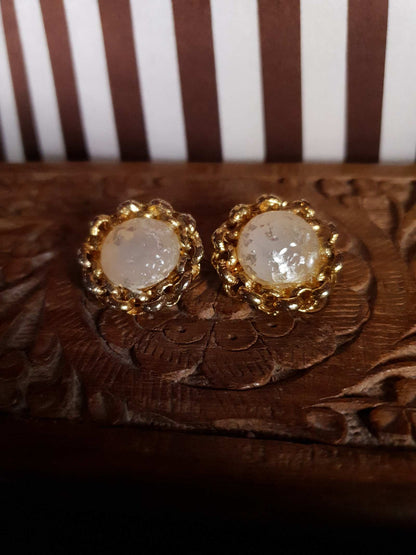 Vintage 1980s Round Clip On Earrings Sparkle Glass Gold Tone Cabochon Retro