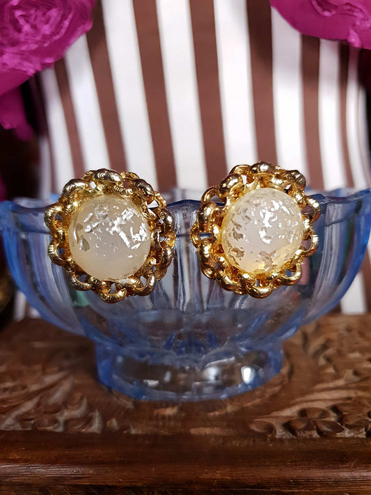 Vintage 1980s Round Clip On Earrings Sparkle Glass Gold Tone Cabochon Retro