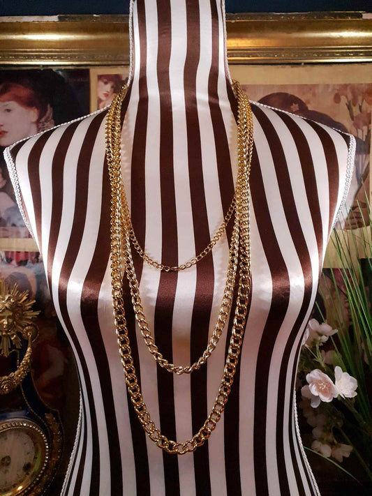 Vintage Gold Tone Chain Statement Necklace 1980s Curb Link Three Tier