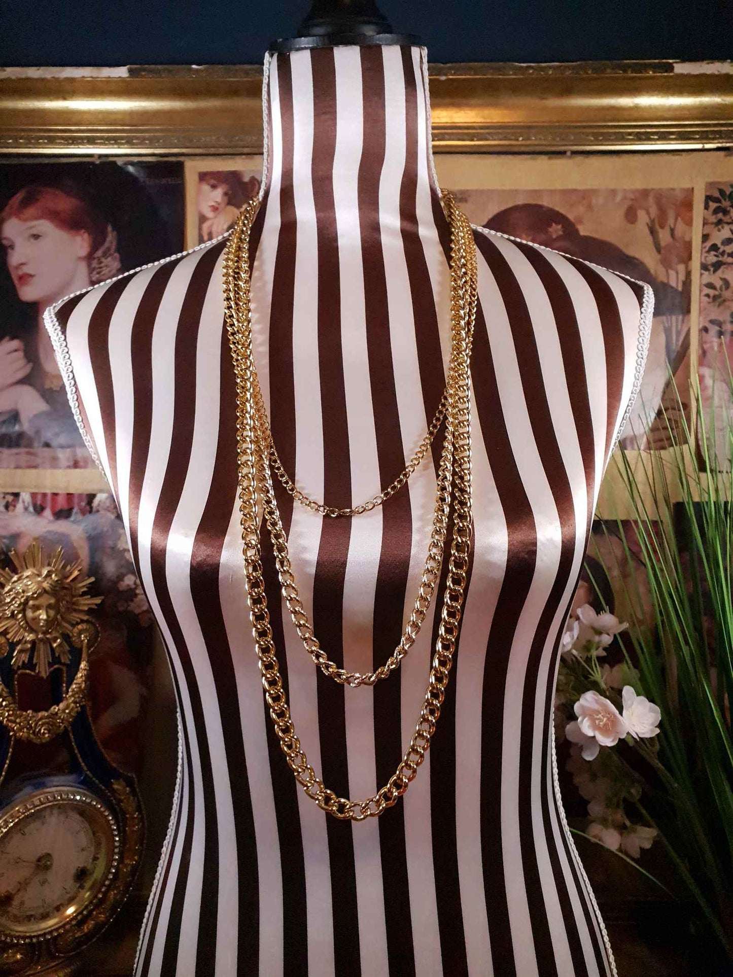 Vintage Gold Tone Chain Statement Necklace 1980s Curb Link Three Tier