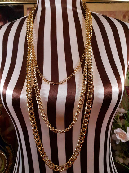 Vintage Gold Tone Chain Statement Necklace 1980s Curb Link Three Tier
