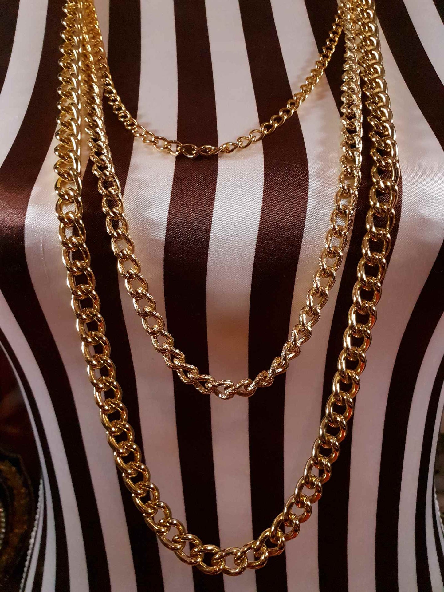 Vintage Gold Tone Chain Statement Necklace 1980s Curb Link Three Tier