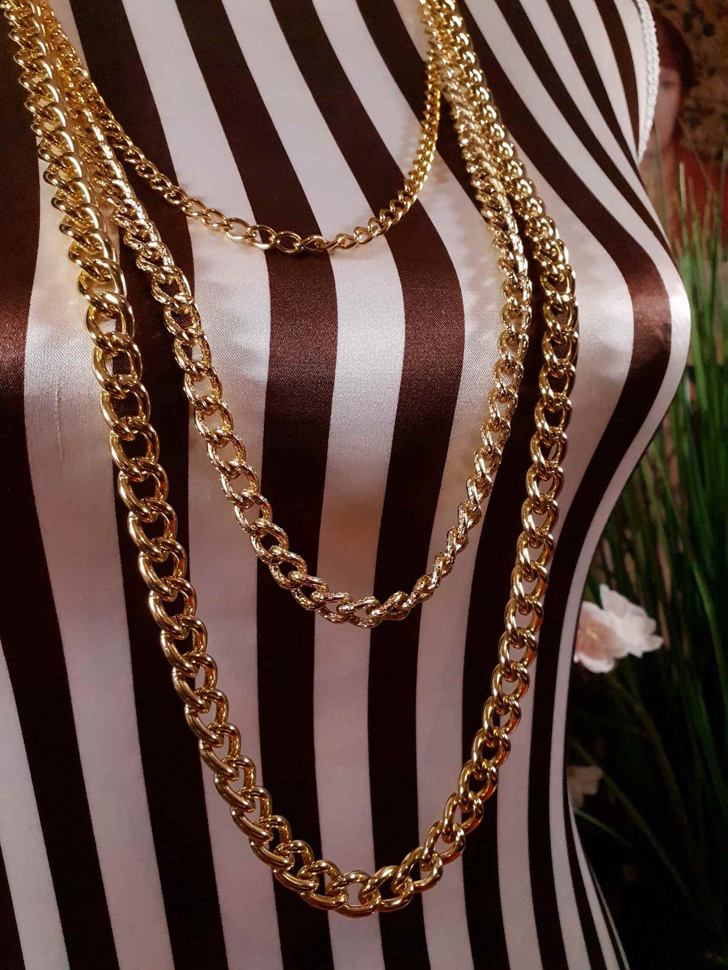 Vintage Gold Tone Chain Statement Necklace 1980s Curb Link Three Tier