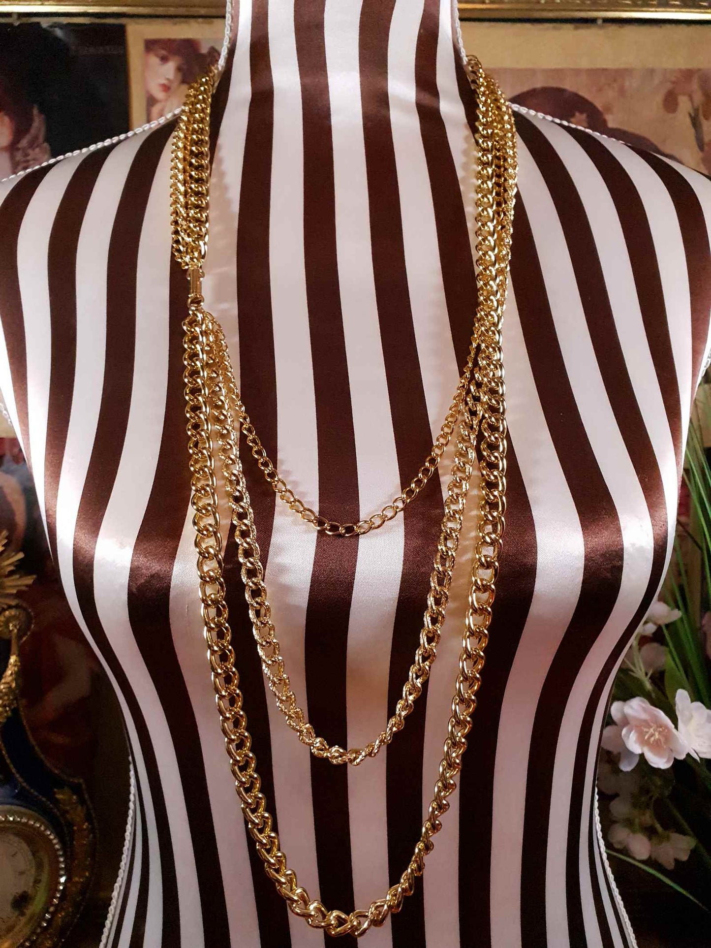 Vintage Gold Tone Chain Statement Necklace 1980s Curb Link Three Tier