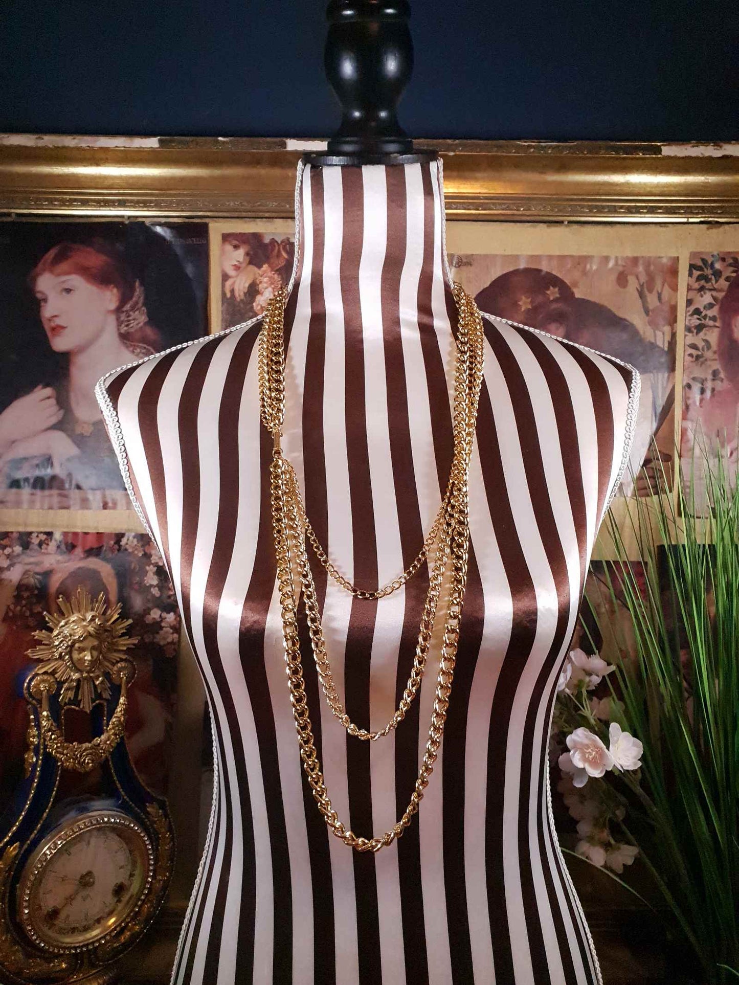 Vintage Gold Tone Chain Statement Necklace 1980s Curb Link Three Tier