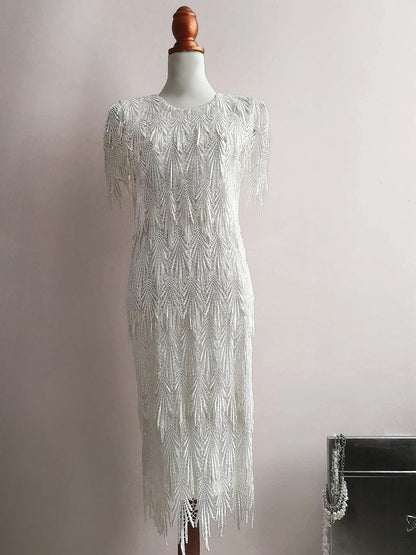 Vintage 1980s White Cocktail Dress Lace Party Evening Midi Wedding - Size 12