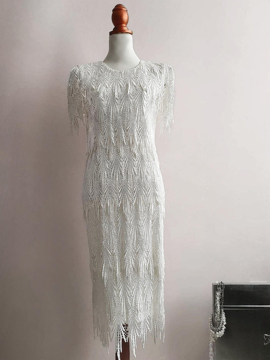 Vintage 1980s White Cocktail Dress Lace Party Evening Midi Wedding - Size 12