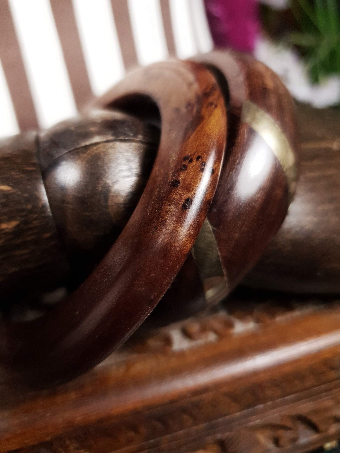Vintage 1980s Wooden Boho Bangles Bracelet Set Treen Burr Wood Brass Bohemian