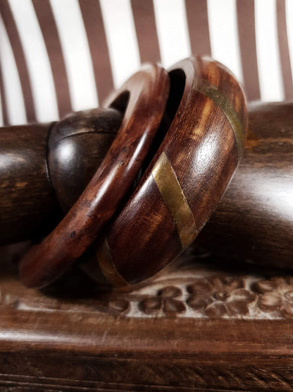 Vintage 1980s Wooden Boho Bangles Bracelet Set Treen Burr Wood Brass Bohemian