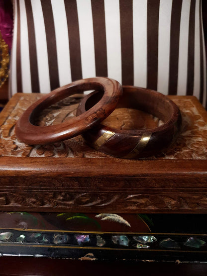 Vintage 1980s Wooden Boho Bangles Bracelet Set Treen Burr Wood Brass Bohemian