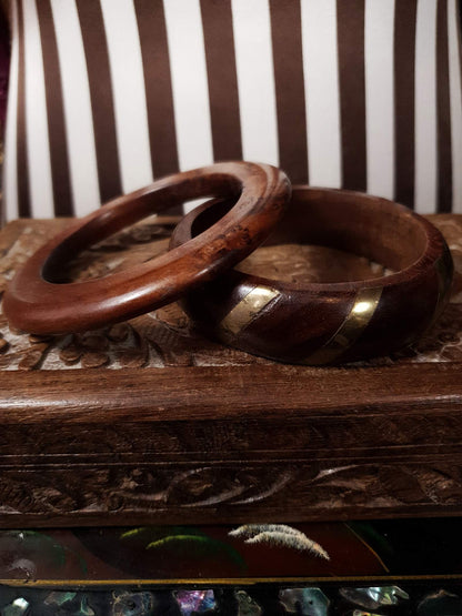 Vintage 1980s Wooden Boho Bangles Bracelet Set Treen Burr Wood Brass Bohemian