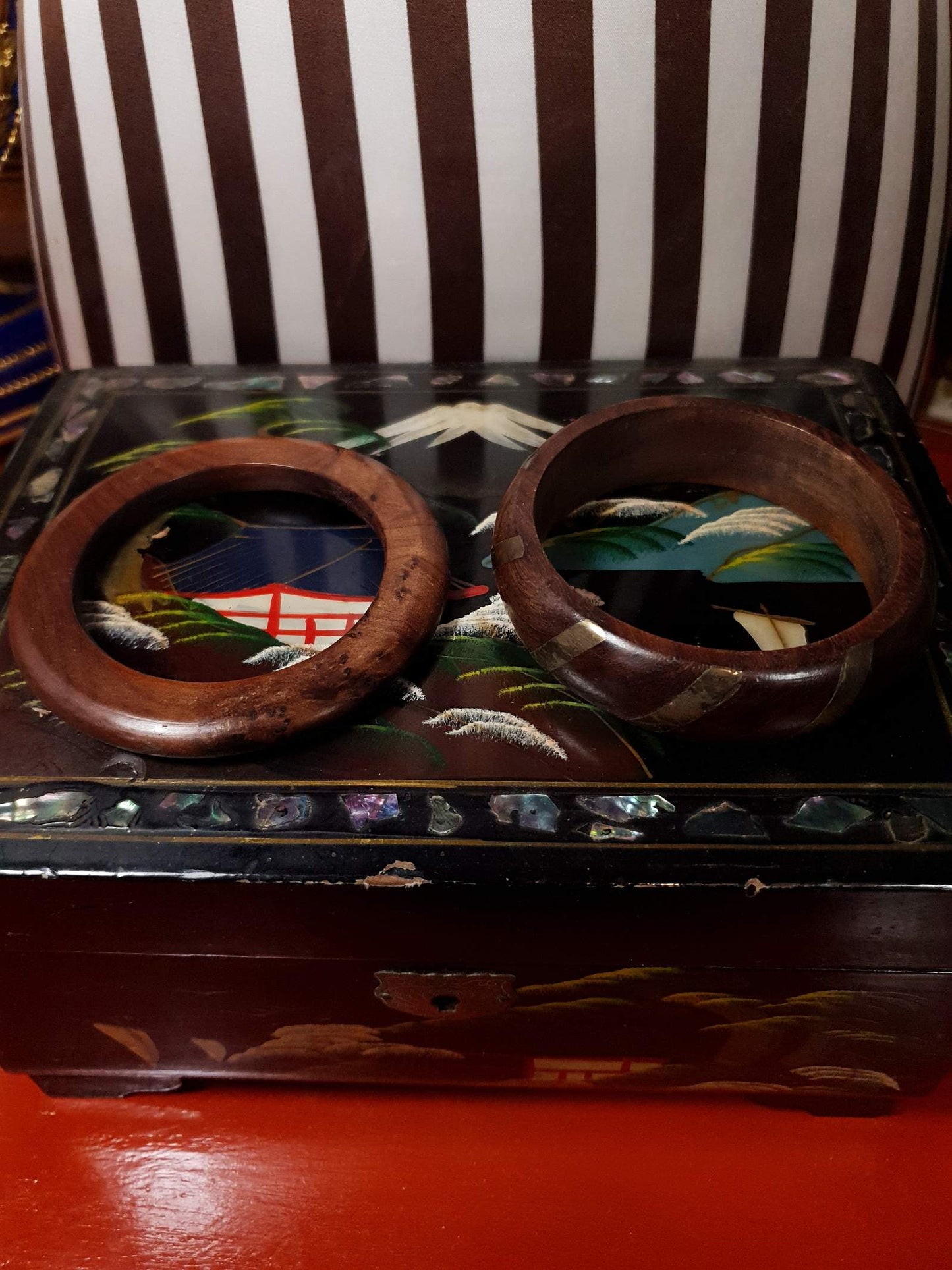 Vintage 1980s Wooden Boho Bangles Bracelet Set Treen Burr Wood Brass Bohemian