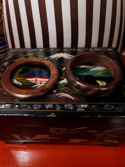 Vintage 1980s Wooden Boho Bangles Bracelet Set Treen Burr Wood Brass Bohemian