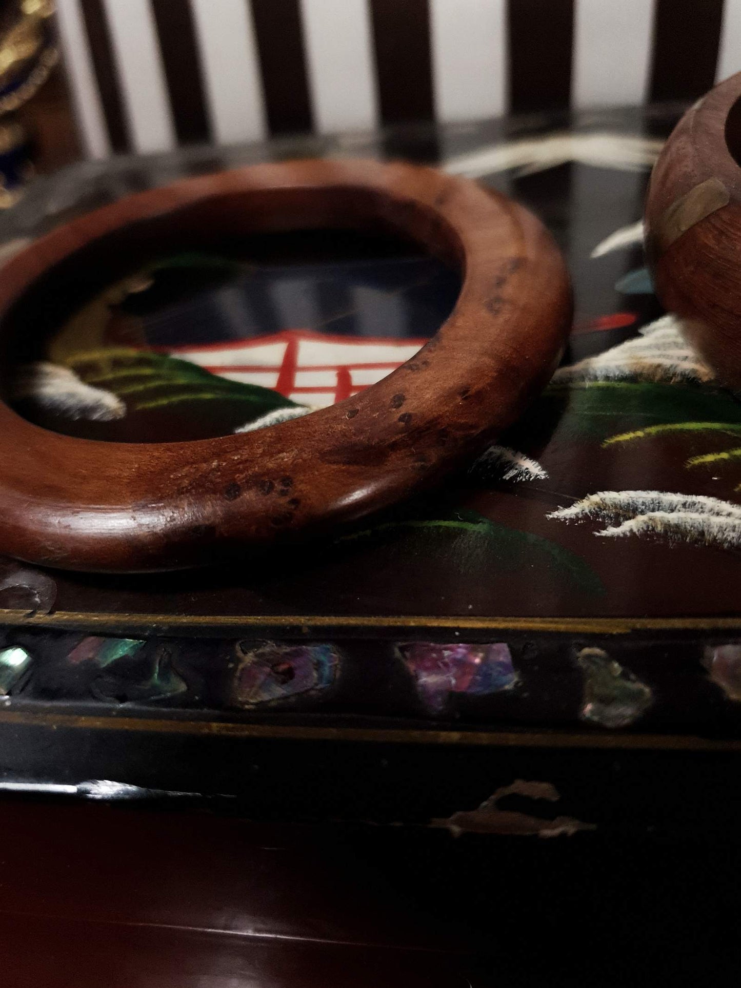 Vintage 1980s Wooden Boho Bangles Bracelet Set Treen Burr Wood Brass Bohemian