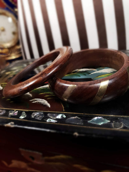 Vintage 1980s Wooden Boho Bangles Bracelet Set Treen Burr Wood Brass Bohemian