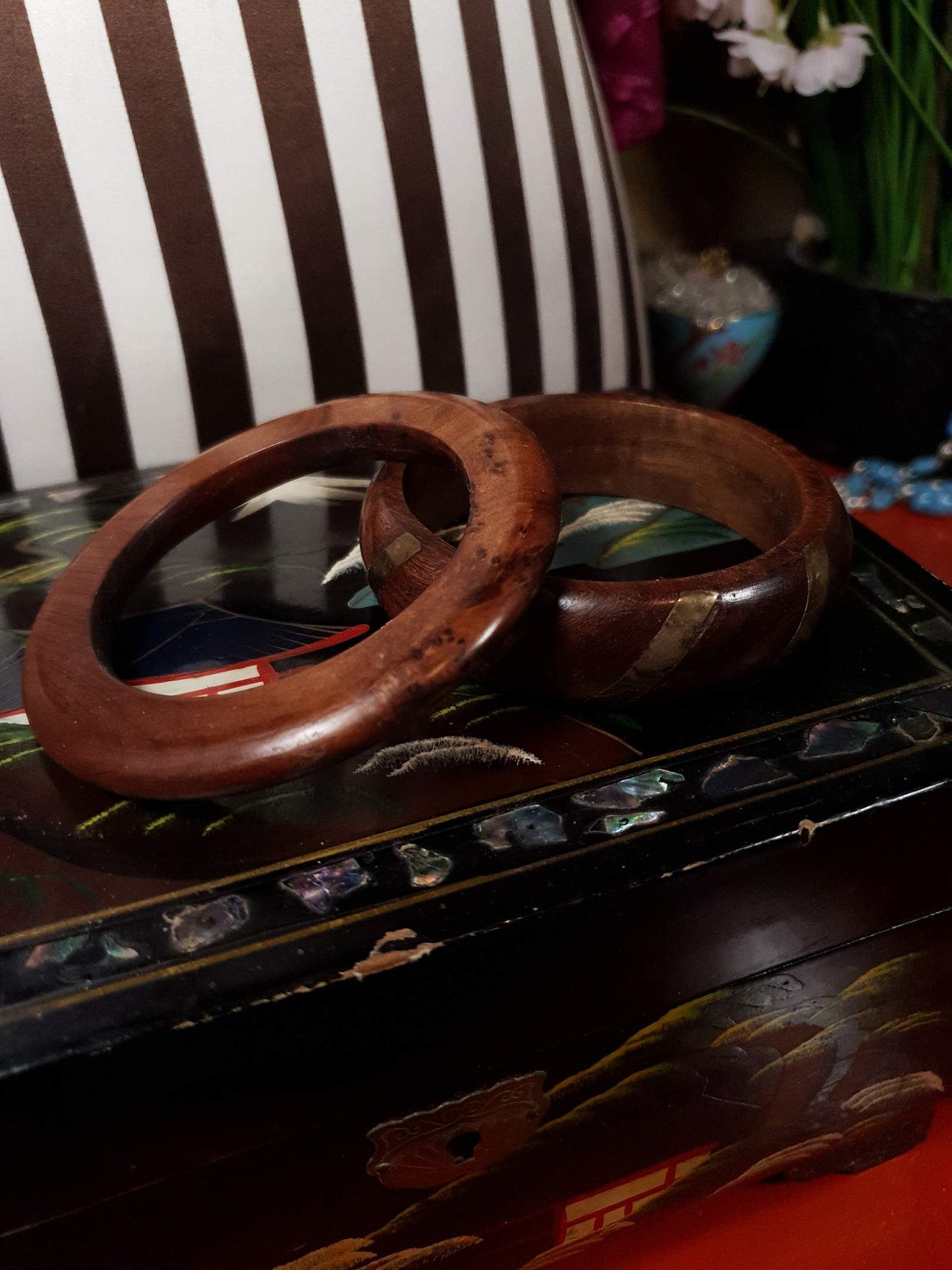 Vintage 1980s Wooden Boho Bangles Bracelet Set Treen Burr Wood Brass Bohemian