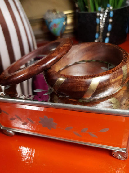 Vintage 1980s Wooden Boho Bangles Bracelet Set Treen Burr Wood Brass Bohemian