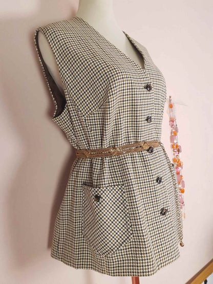 Vintage Wool Brown Houndstooth Waistcoat Check Vest Oversized 1980s - English Classics