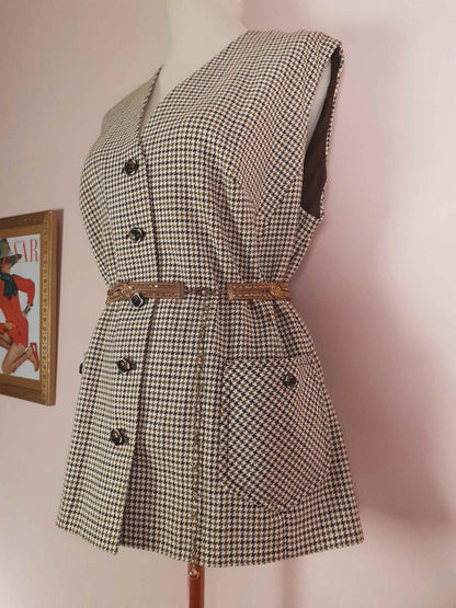 1980s Vintage Wool Brown Waistcoat Check Vest Houndstooth Ladies