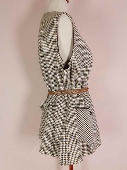 1980s Vintage Wool Brown Waistcoat Check Vest Houndstooth Ladies