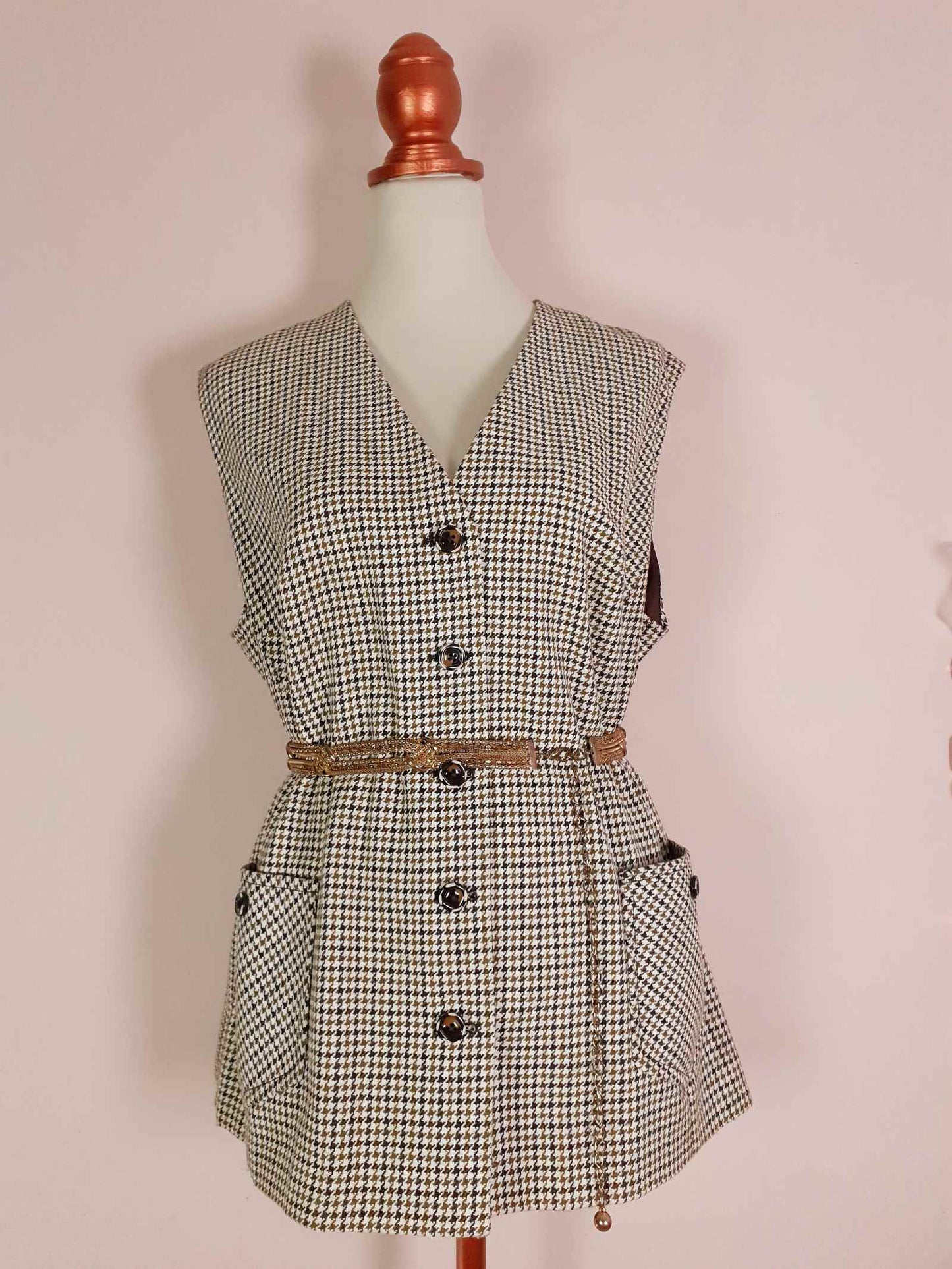 Vintage Wool Brown Houndstooth Waistcoat Check Vest Oversized 1980s - English Classics