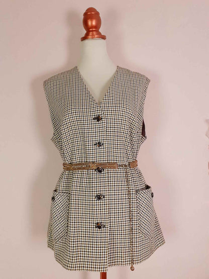 1980s Vintage Wool Brown Waistcoat Check Vest Houndstooth Ladies