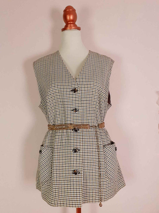 Vintage Wool Brown Houndstooth Waistcoat Check Vest Oversized 1980s - English Classics