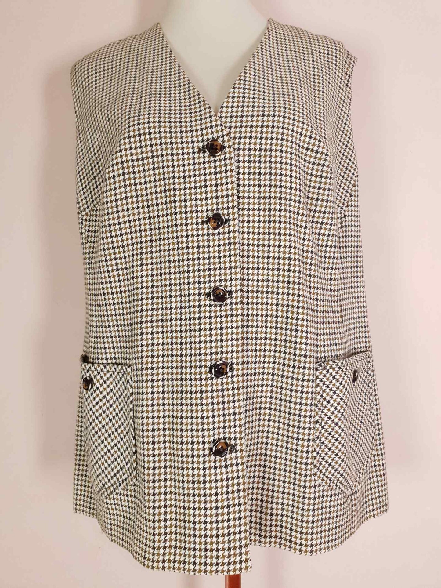 Vintage Wool Brown Houndstooth Waistcoat Check Vest Oversized 1980s - English Classics